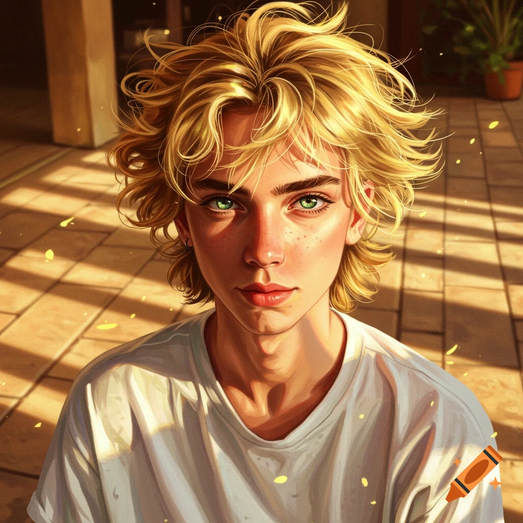 Stylized illustration of a young man with messy blonde hair, green eyes, and freckles, looking directly at the viewer.