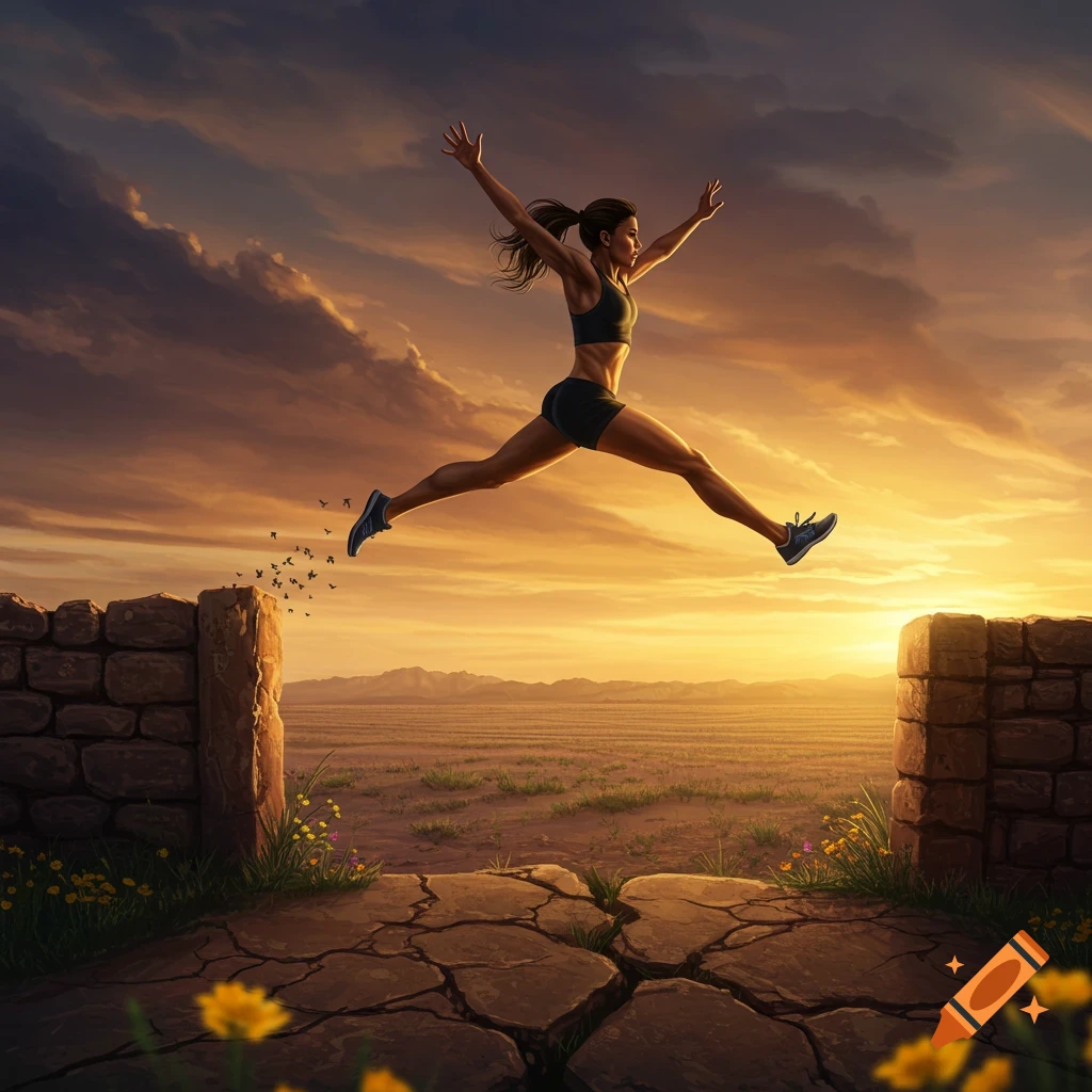 A fit woman leaps over a gap between stone walls against a vibrant orange and purple sunset sky over a vast landscape.