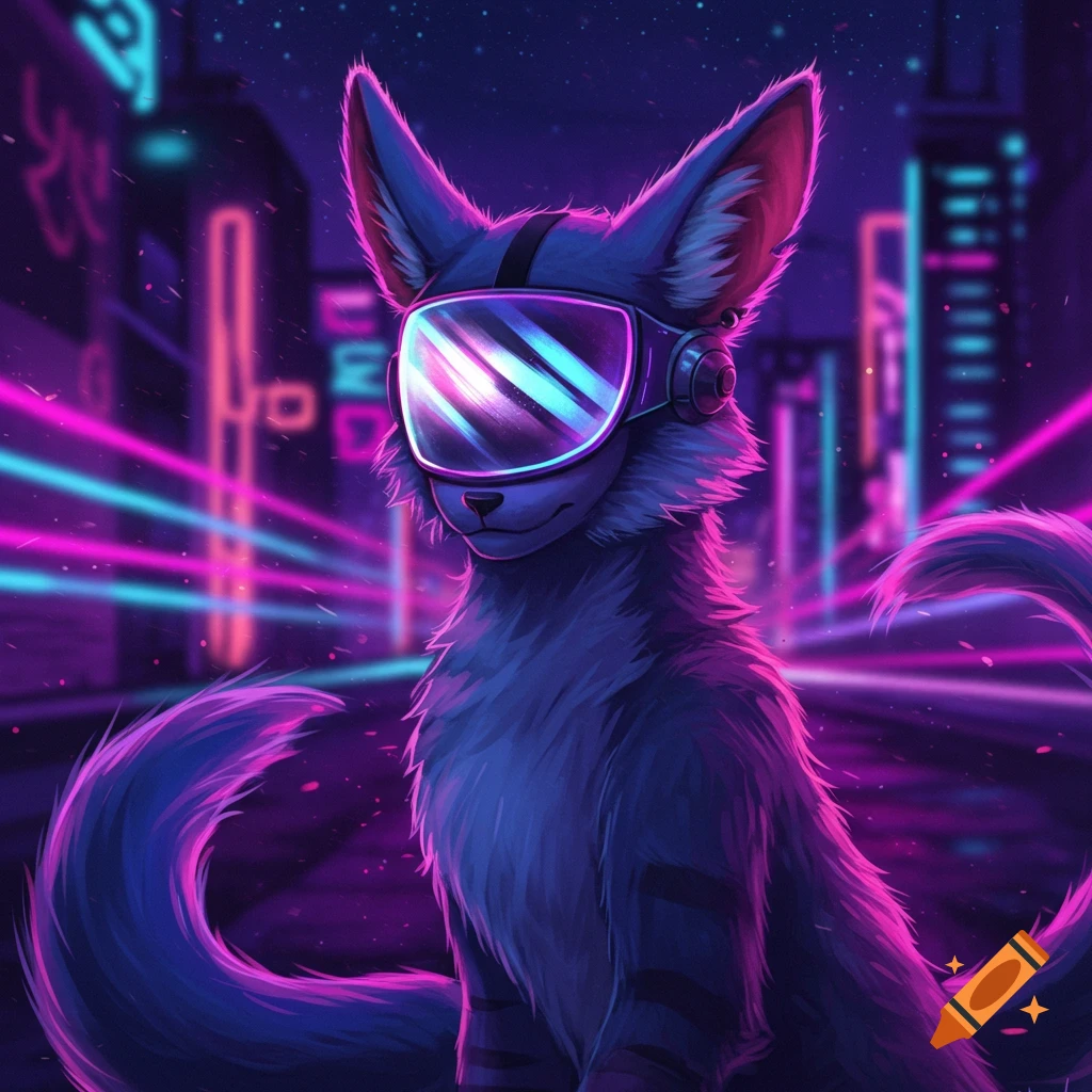 A blue and purple fox-like furry character wearing a glowing VR visor in a neon synthwave cityscape at night.