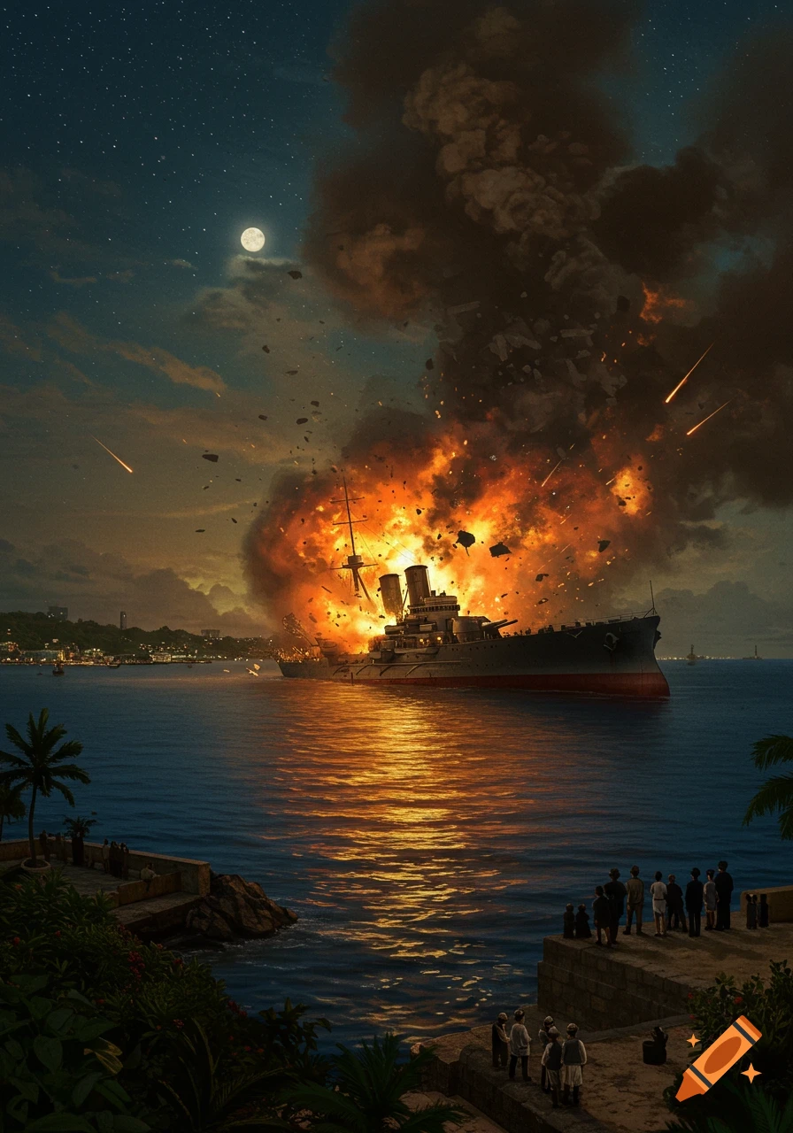 A dramatic painting of a battleship exploding in a bay at night, under a full moon, with people watching from the illuminated shore.