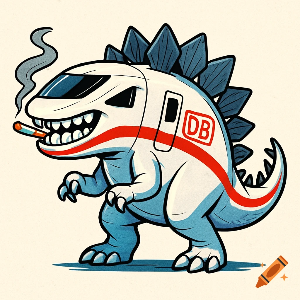 A cartoon Stegosaurus designed like a white and red Deutsche Bahn train, smoking a cigarette, with blue plates on its back.