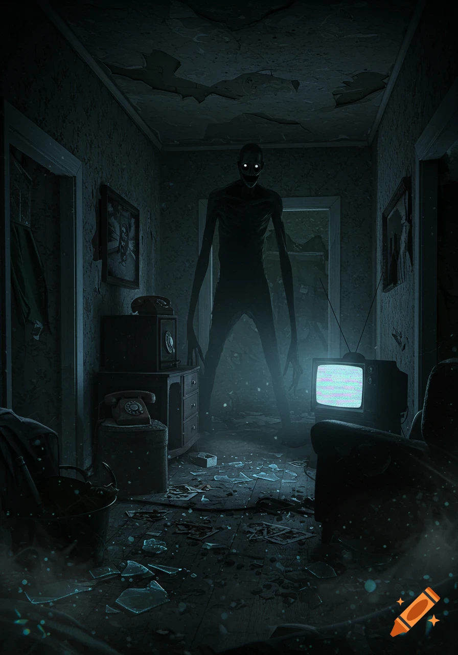 A tall, shadowy skeletal creature with glowing eyes stands in a dark ...