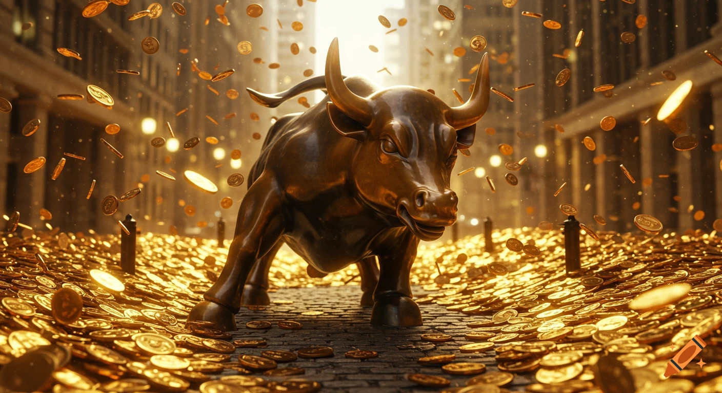 A bronze charging bull statue stands on a city street covered in a massive pile of falling gold coins, with bright light in the background.