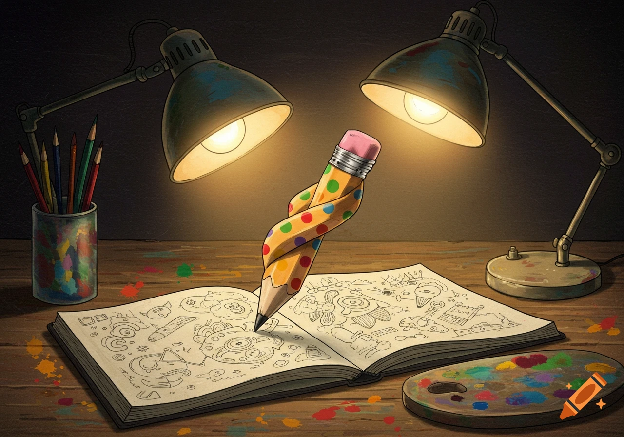 A whimsical, polka-dotted pencil drawing in a sketchbook illuminated by two desk lamps, with art supplies on a wooden desk.