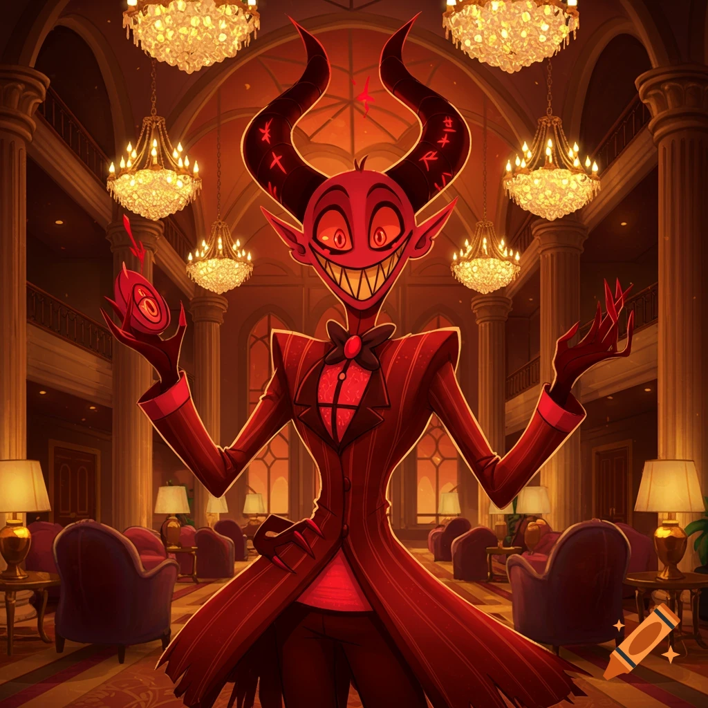 A stylized red demon with large horns and a wide grin, wearing a pinstripe suit and bowtie, stands in a luxurious hotel lobby with chandeliers.
