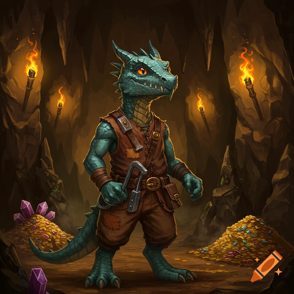 A teal-skinned kobold with a pickaxe stands in a torch-lit cave surrounded by piles of gold and gems, in a fantasy art style.