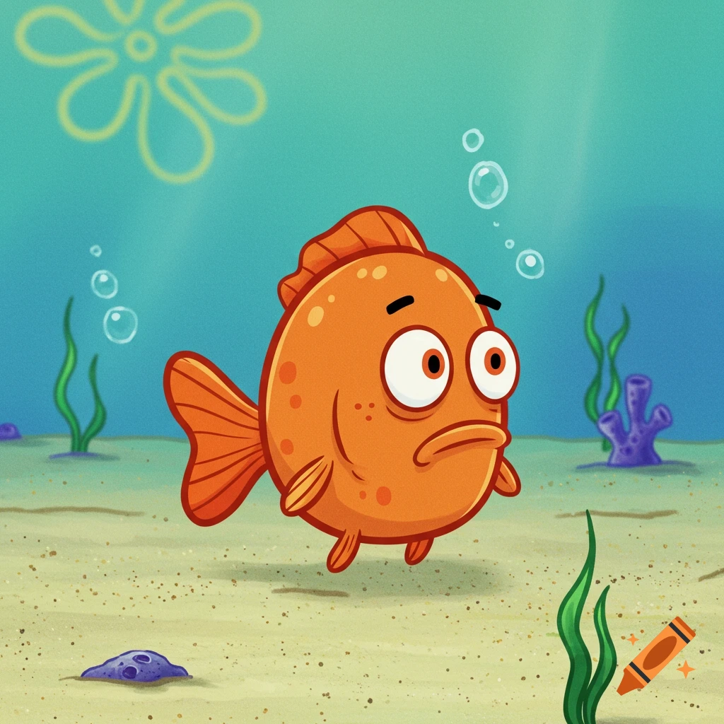 An orange cartoon fish with large eyes and a frowning mouth swims in a sandy underwater scene with seaweed and bubbles, in the style of SpongeBob SquarePants.