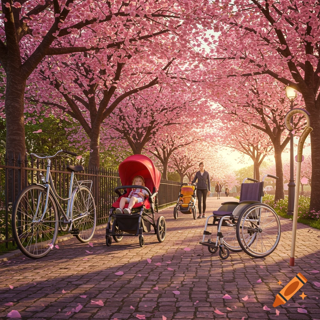 Photorealistic image of a scenic park path lined with pink cherry blossom trees. A bicycle, a child in a red stroller, a woman, and a wheelchair are present.