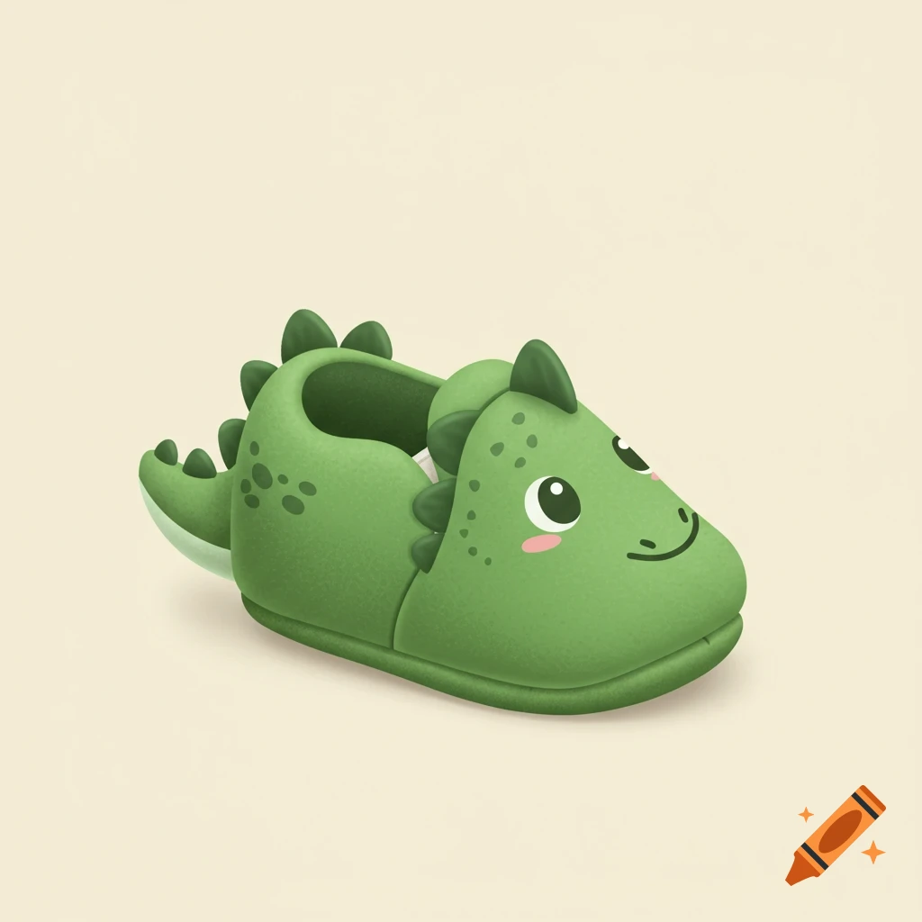 A cute green dinosaur baby shoe with rosy cheeks and spikes, on a light background.