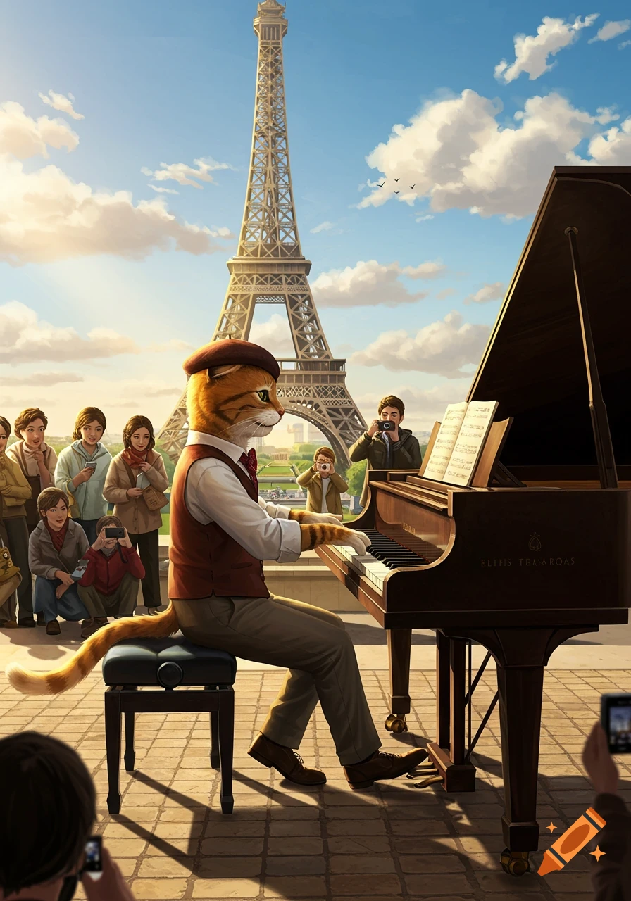 An anthropomorphic cat in a beret plays a grand piano in front of the Eiffel Tower, while a crowd takes photos under a blue sky.