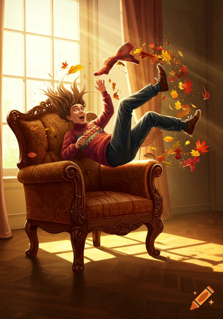 A woman in a red sweater tumbles backward from a brown armchair, surrounded by autumn leaves in a sunlit room, illustration.