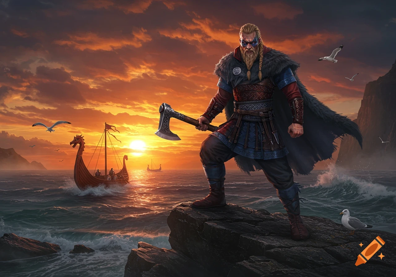 A Viking warrior with an axe stands on a rocky cliff, overlooking longboats on a stormy sea at sunset, digital art.