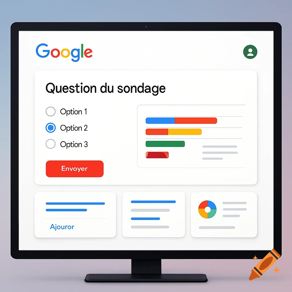 A computer monitor displays a Google-style survey application with a question, options, a 'Send' button, and various data charts including bar graphs and a pie chart.