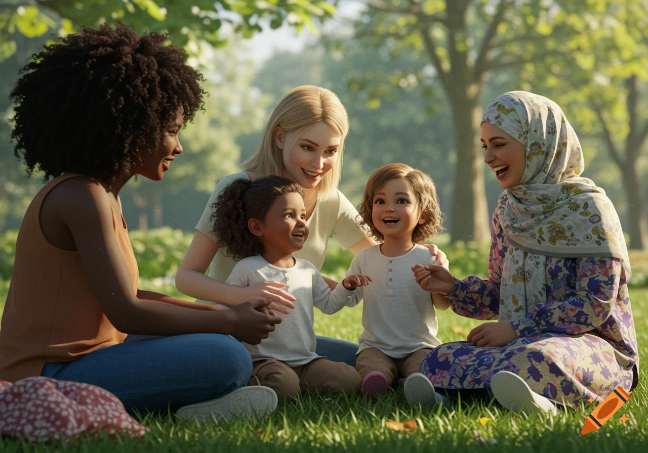 Three diverse women and two toddlers sit smiling together on a sunny park lawn, rendered in a photorealistic style.