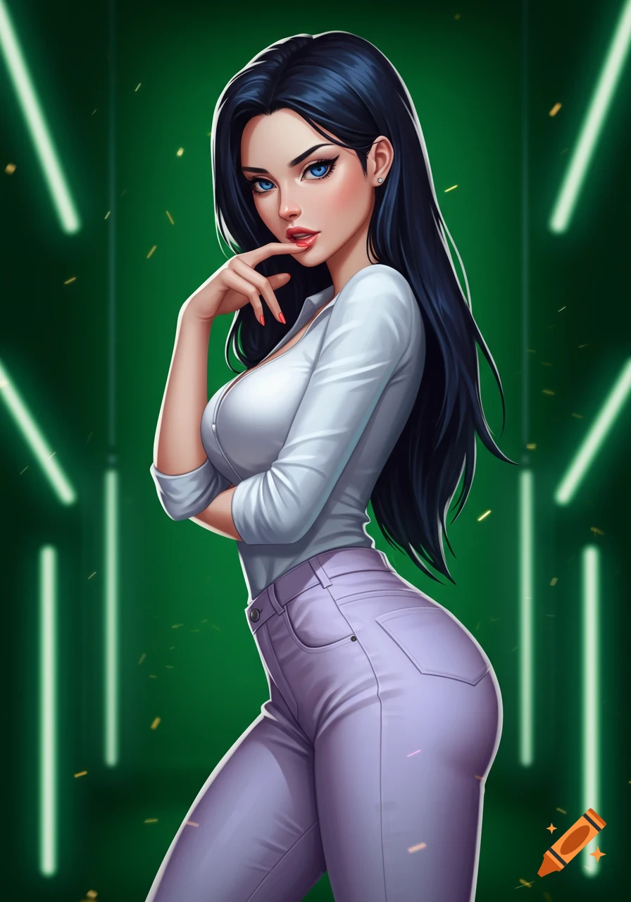 Anime illustration of a young woman with dark hair and blue eyes, wearing a white shirt and lavender pants, with a thoughtful pose against a green neon background.