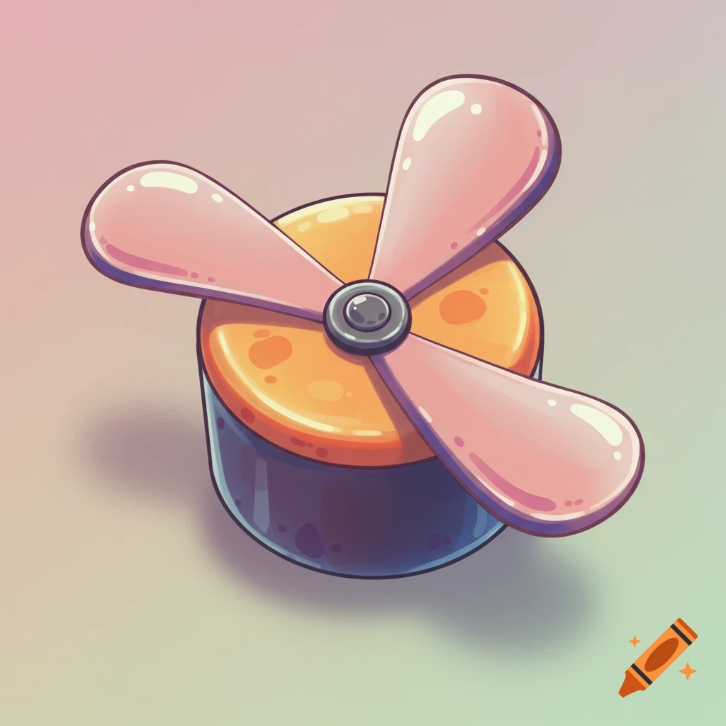 A colorful cartoon illustration of a round orange cylinder with three glossy pink propeller blades on top, set against a soft gradient background.