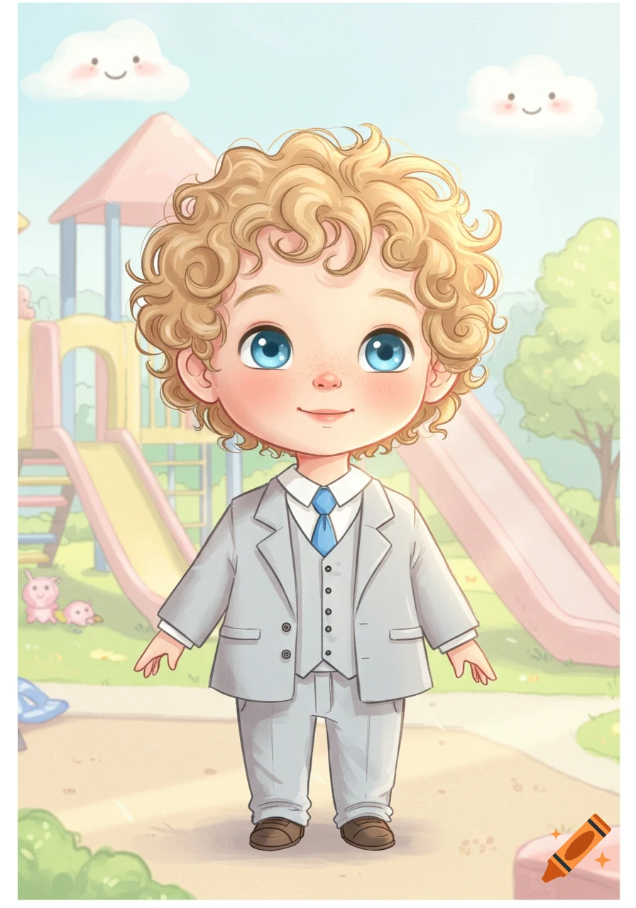 Cartoon illustration of a blonde boy in a light grey suit standing in a playground.