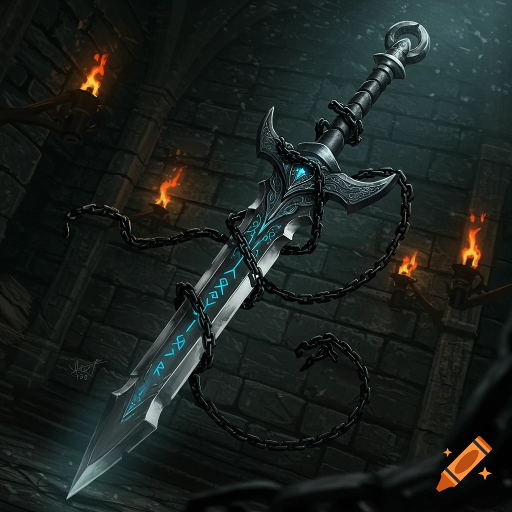 A detailed dark fantasy sword with glowing blue runes and wrapped in black chains, against a stone dungeon wall with burning torches.