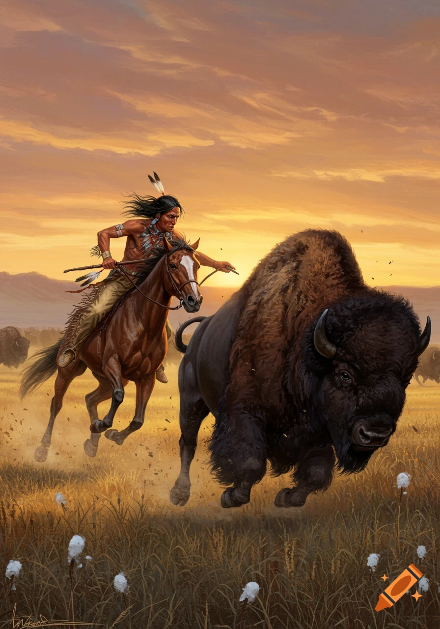 Native American hunter on horseback pursuing a buffalo across a golden prairie at sunset, in a painterly style.