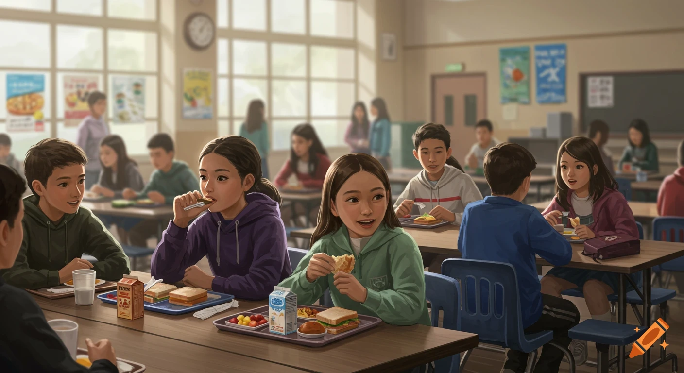 Digital painting of diverse junior high students eating lunch at tables in a brightly lit school cafeteria.