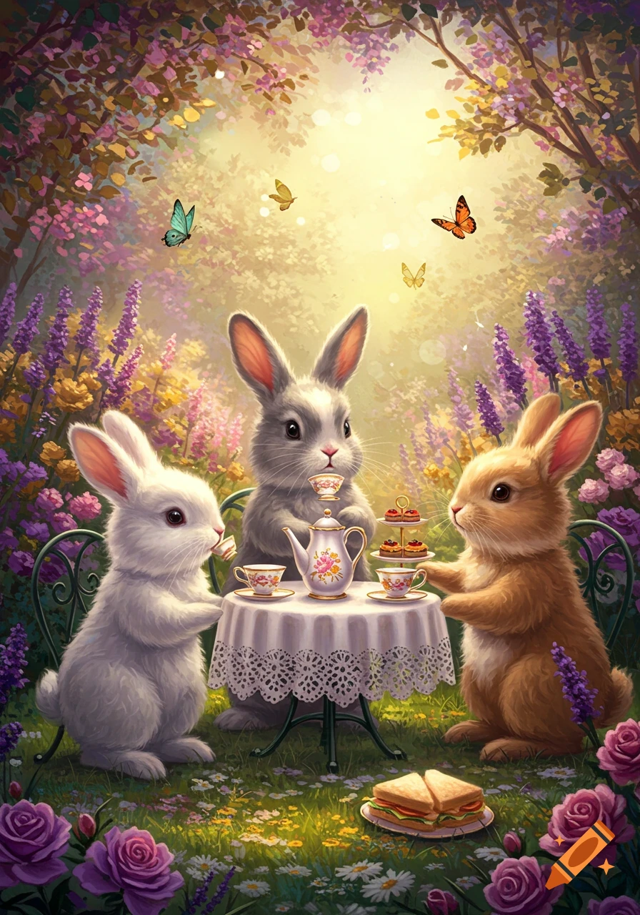 Three whimsical bunny rabbits gather around a table for a tea party in a vibrant, enchanted garden with flowers and butterflies.