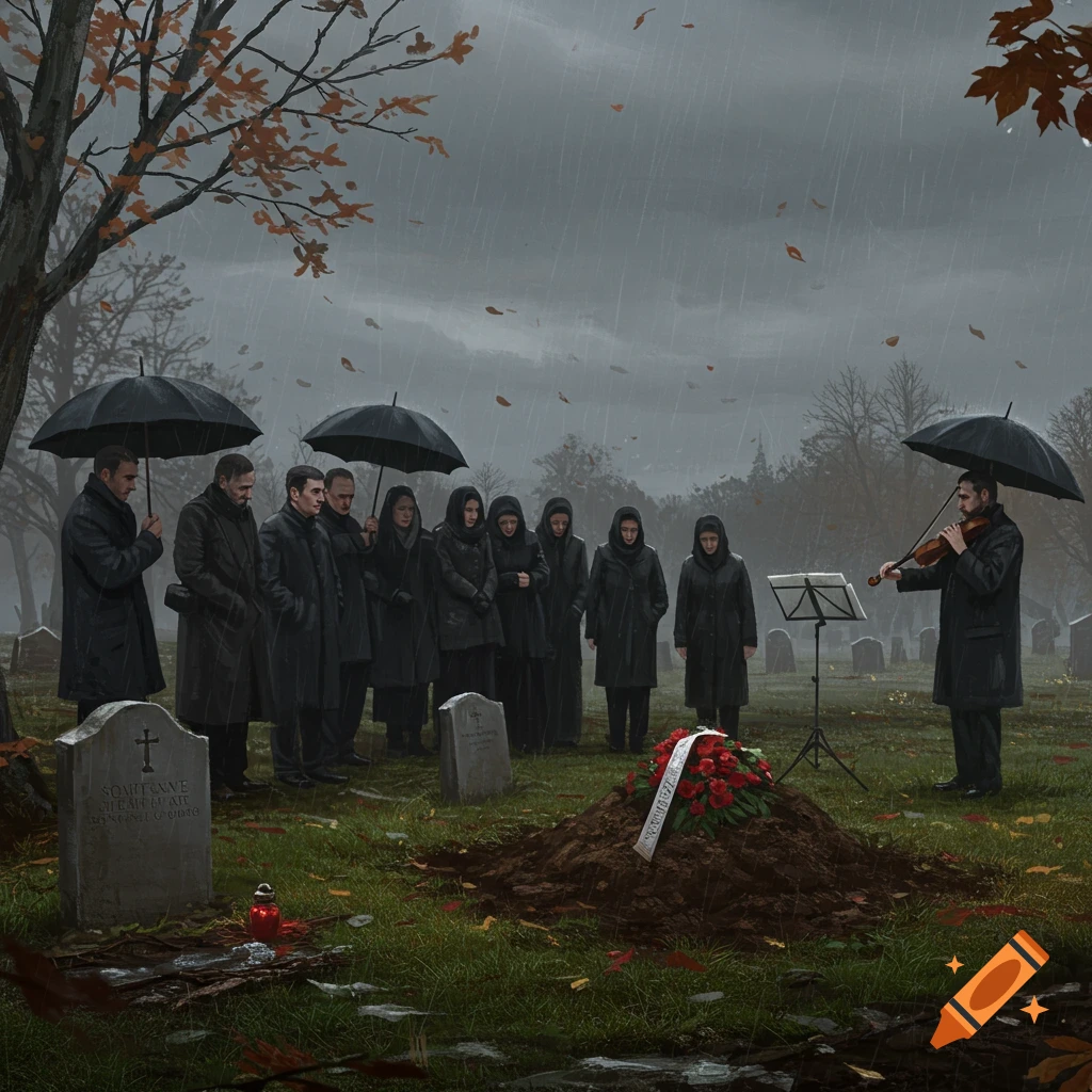 A group of people at a rainy outdoor funeral in a cemetery, with a violinist playing near a fresh grave mound.