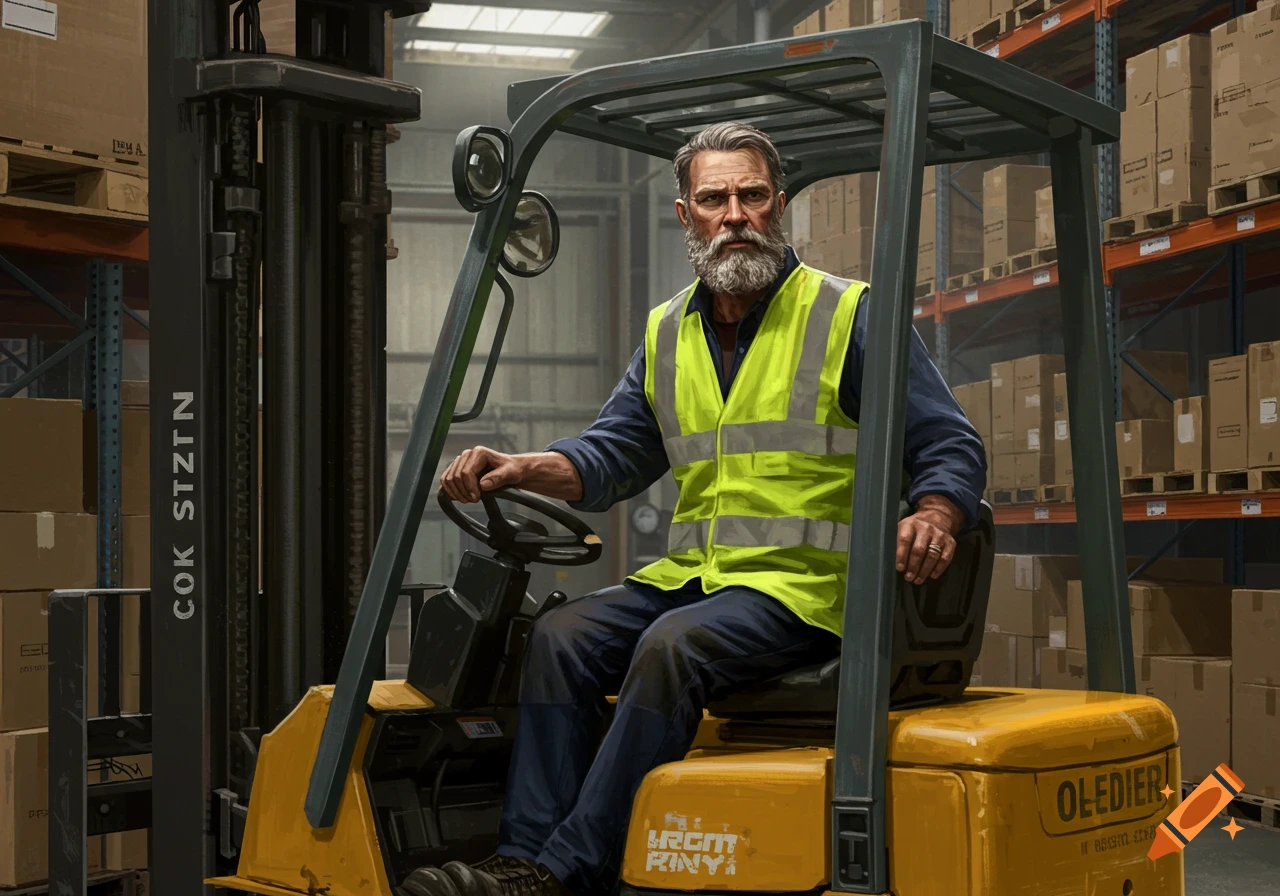 A bearded man wearing a safety vest sits on a yellow forklift in a warehouse filled with boxes.