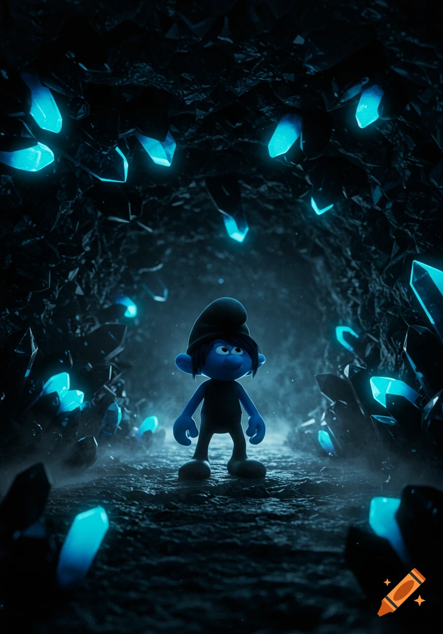 A blue Smurf-like character with black hair and dark clothes stands in a glowing blue crystal cave.