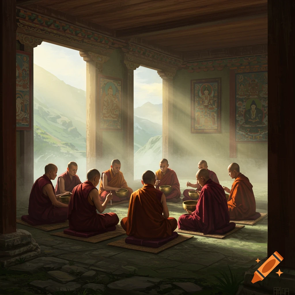 Tibetan monks in robes gather inside a sunlit temple, playing sound bowls with misty mountains visible outside.