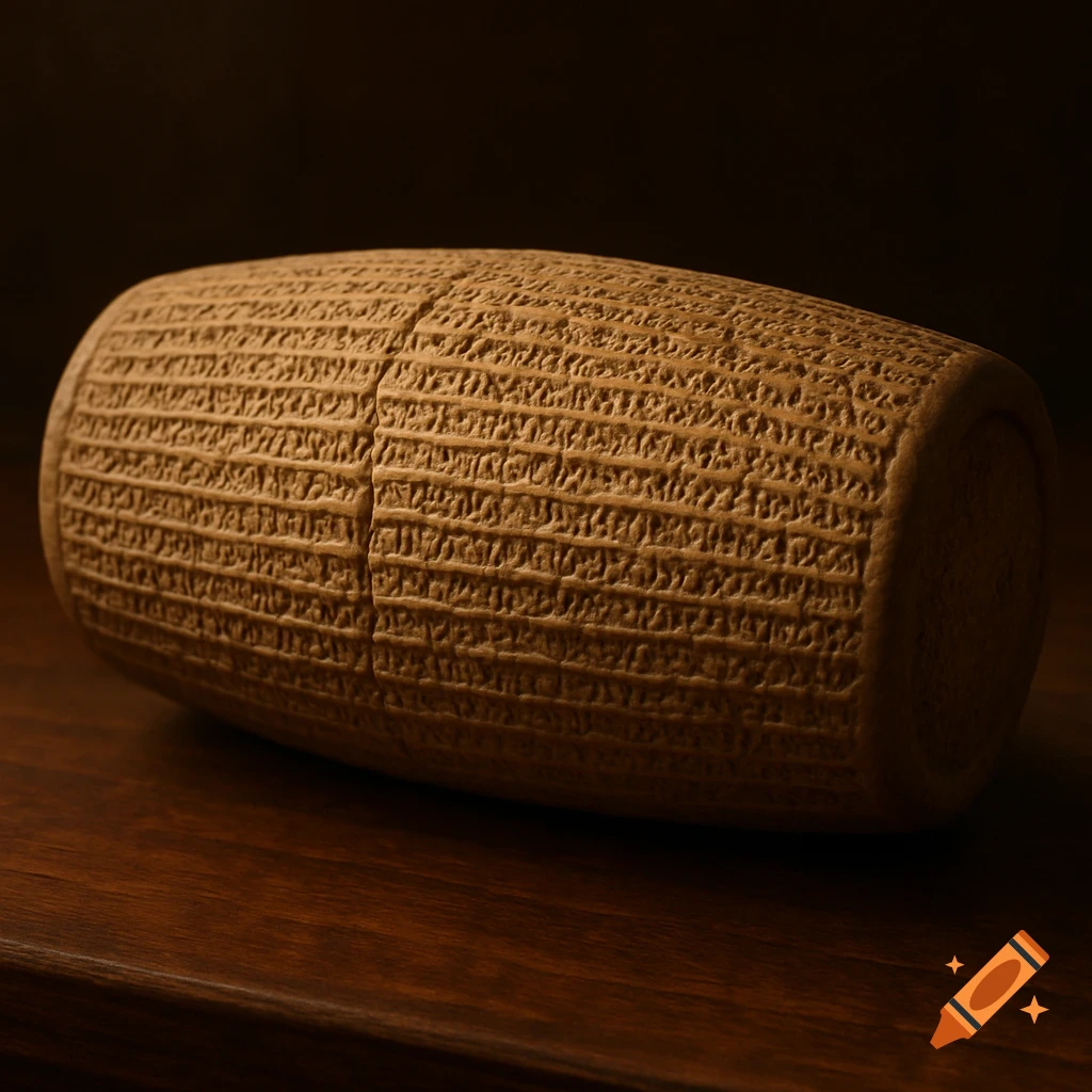 Detailed close-up of the Cyrus Cylinder, an ancient Persian artifact with cuneiform inscriptions, glowing in warm light on a wooden surface.