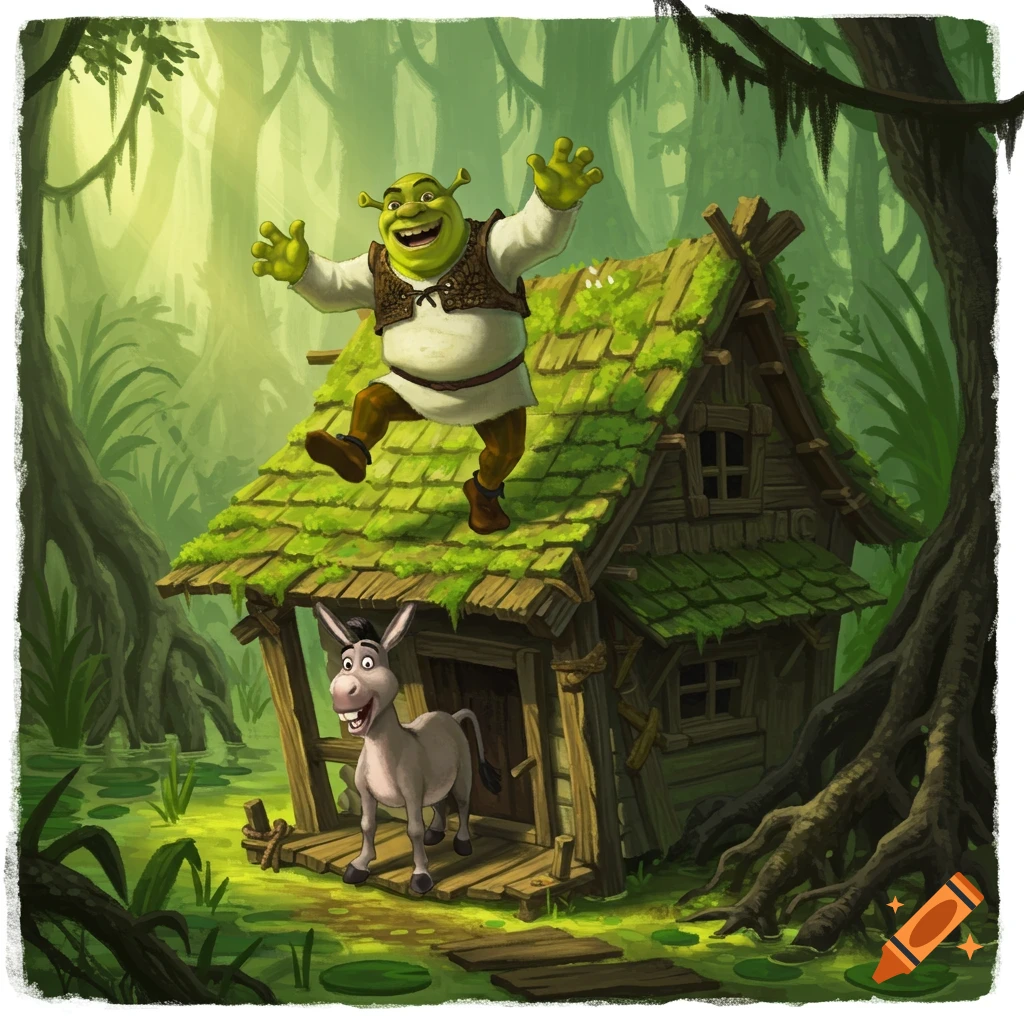 Shrek excitedly jumps on the moss-covered roof of his swamp hut while Donkey smiles below in a vibrant cartoon style.