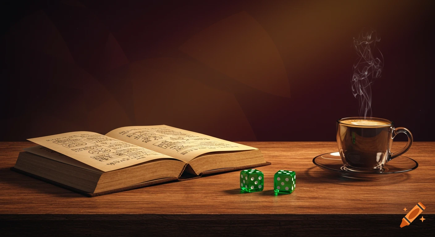 An open book with diagrams, two green dice, and a steaming cup of coffee on a wooden table, in a warm, low-light setting.