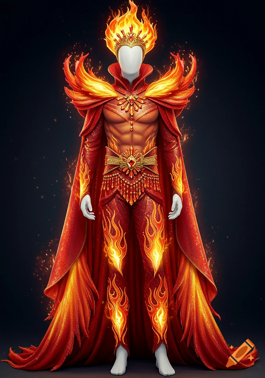 A realistic illustration of an elaborate red and gold fire-themed costume with a flame crown on a mannequin.