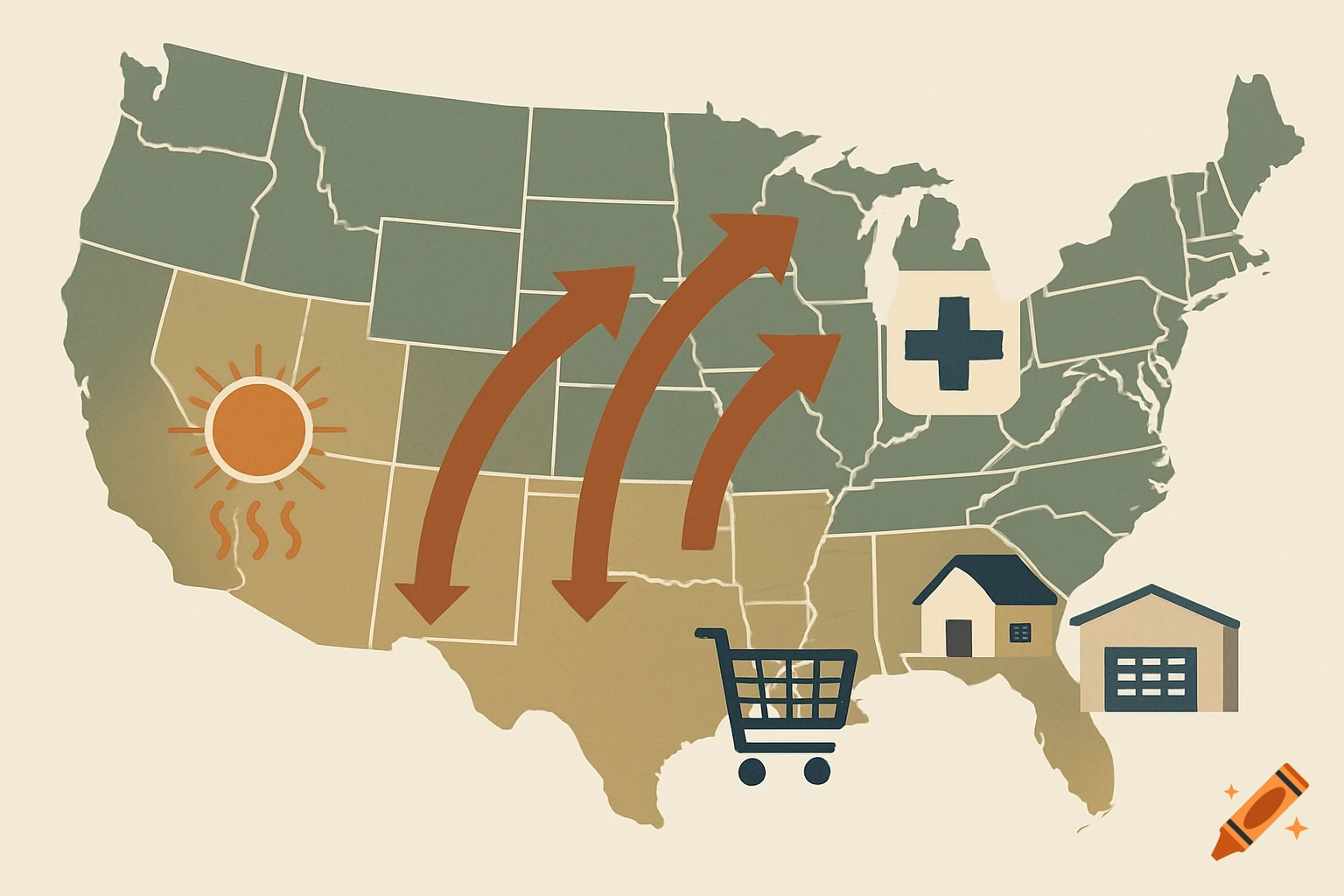 Infographic of a US map showing migration with icons for climate, healthcare, and e-commerce.