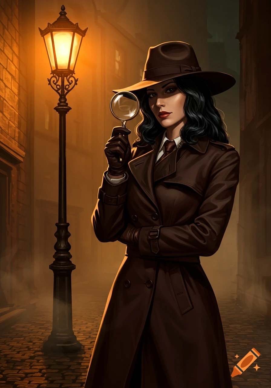 A digital illustration of a female detective in a brown trench coat and hat, holding a magnifying glass in a misty, lamp-lit alley.