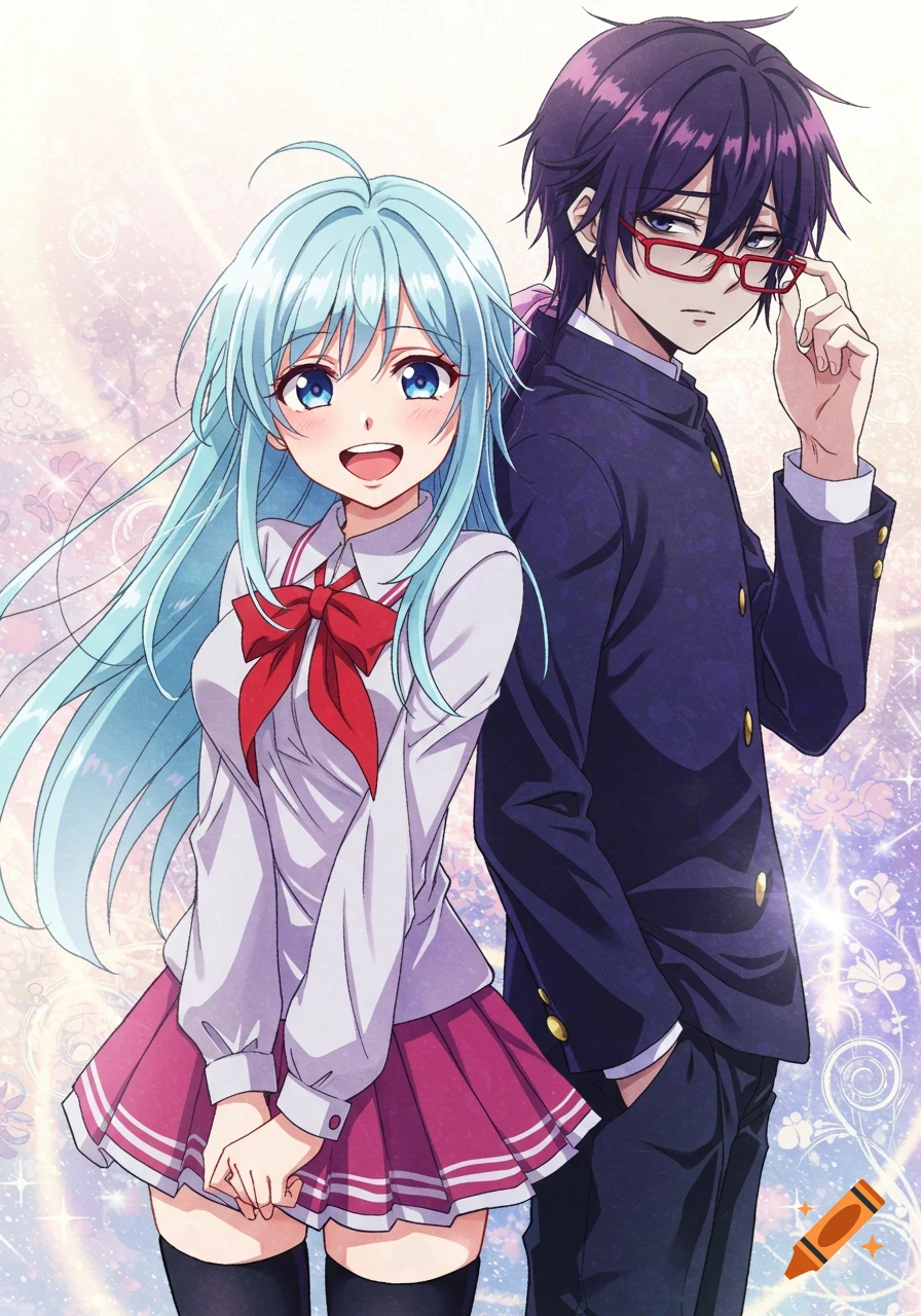 Anime-style illustration of a smiling girl with light blue hair and a boy with red glasses in school uniforms, standing back-to-back.