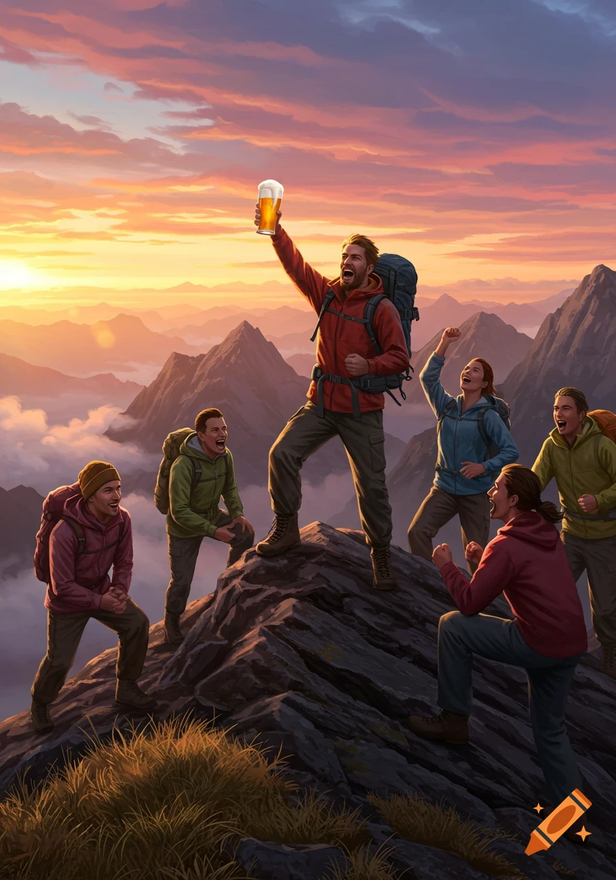 Hikers celebrating on a mountain peak at sunset, one raising a beer, others cheering. Digital painting.