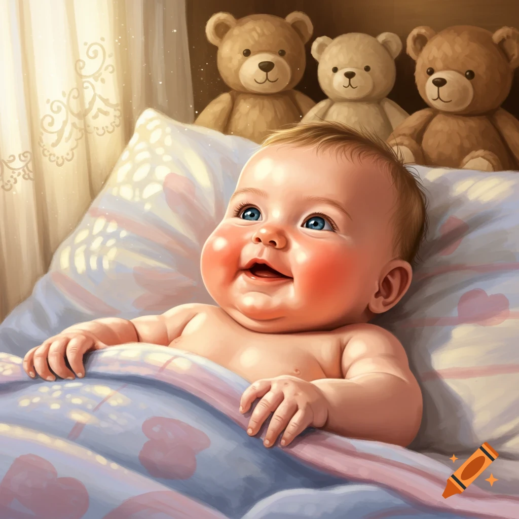 A cute, smiling baby with bright blue eyes lies in a crib under a patterned blanket, with three teddy bears in the background.