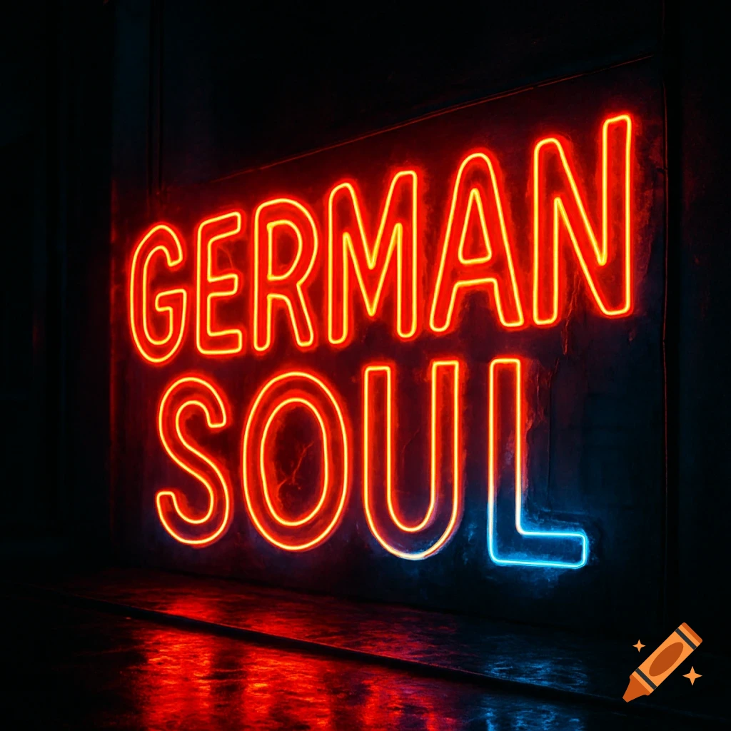 A vibrant red and blue neon sign displaying the words 'GERMAN SOUL' glows against a dark background, with reflections on a glossy surface.
