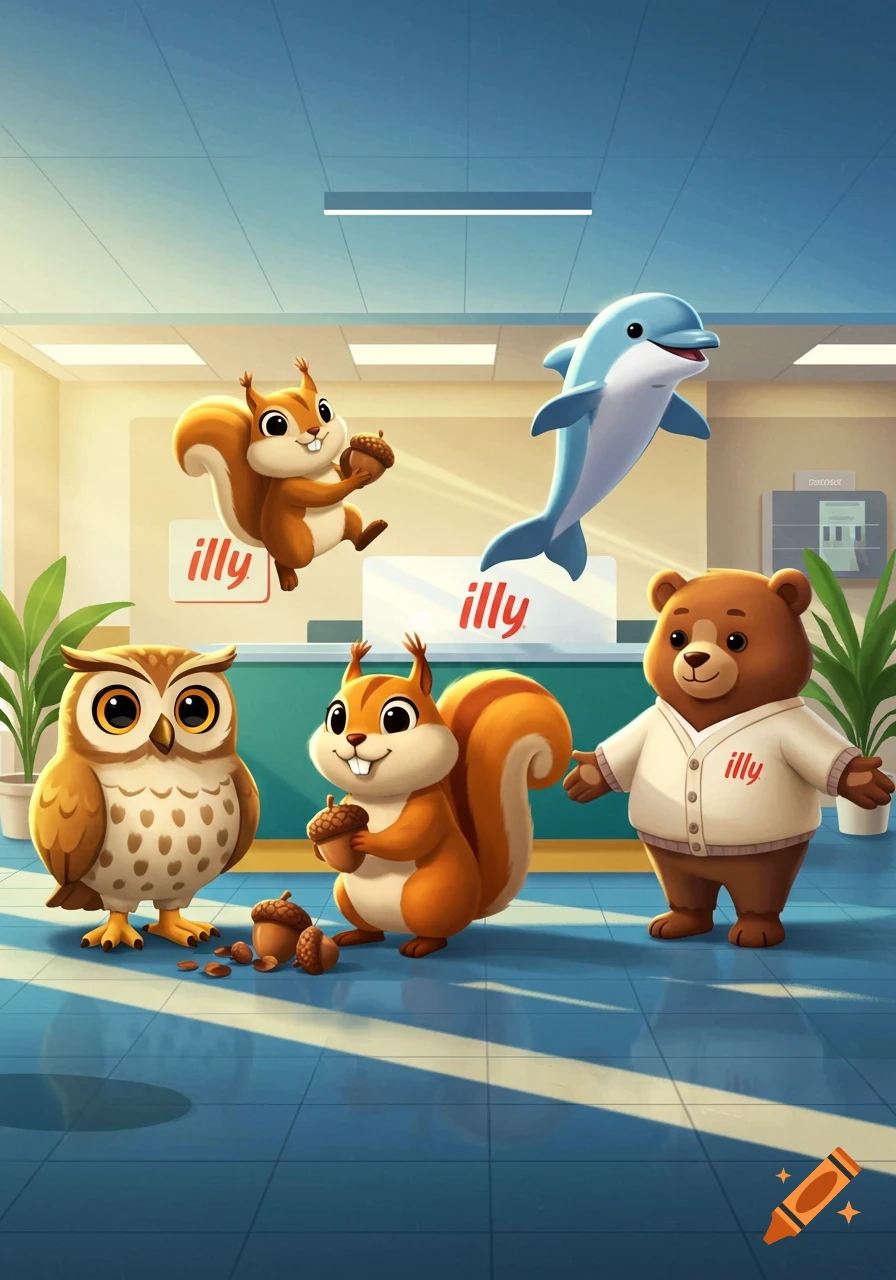 Cartoon mascots including an owl, two squirrels with acorns, a dolphin, and a bear wearing an 'illy' shirt in an office lobby.