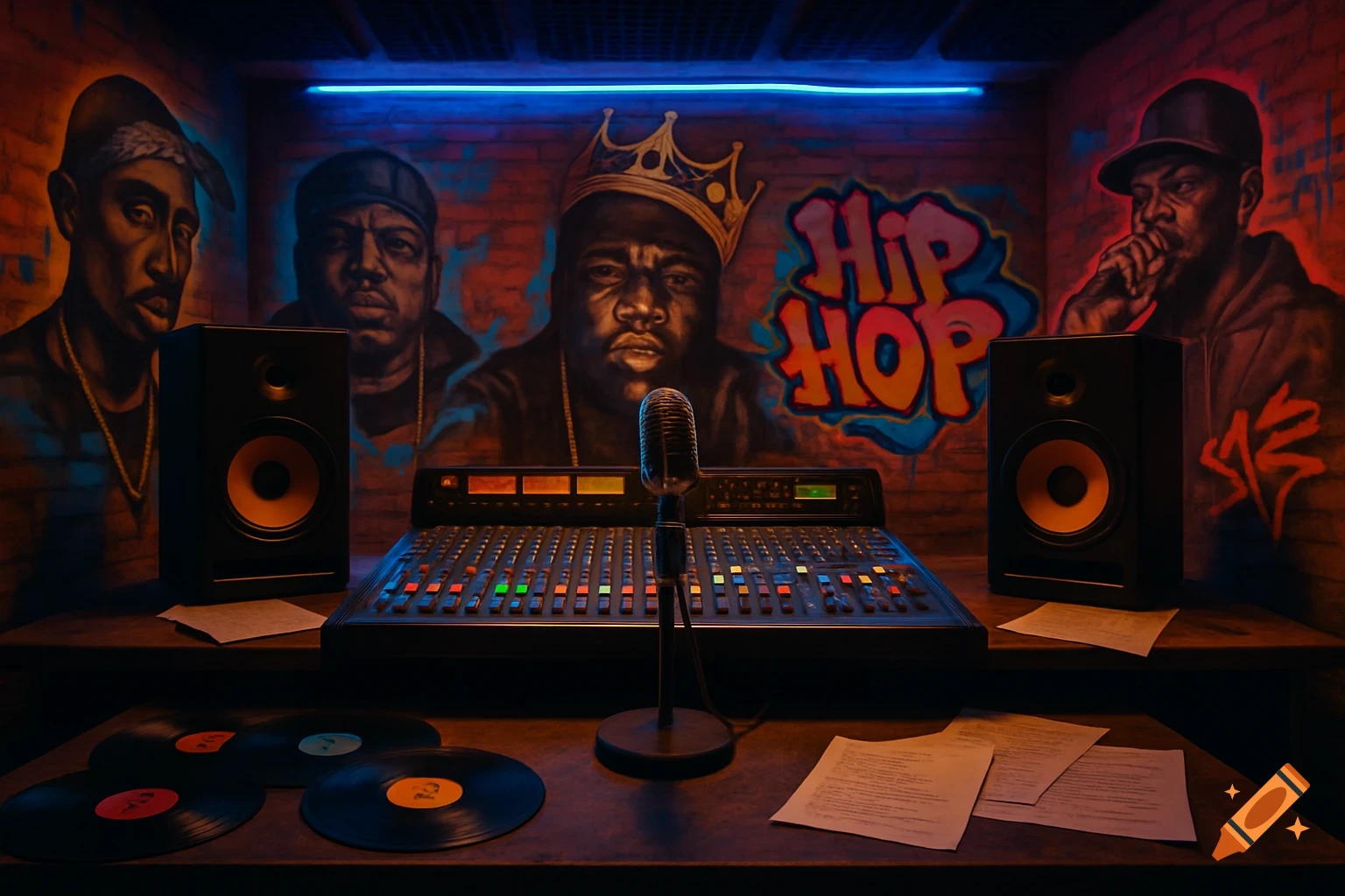 A dimly lit music studio with graffiti of hip-hop artists on the wall, a mixing board, microphone, and vinyl records on the desk.