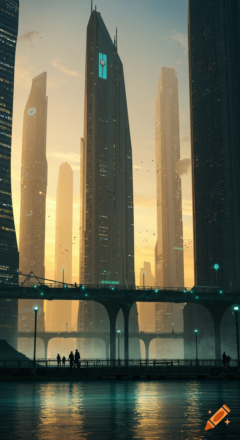 A majestic vertical panorama of a futuristic megacity at dusk, with ...