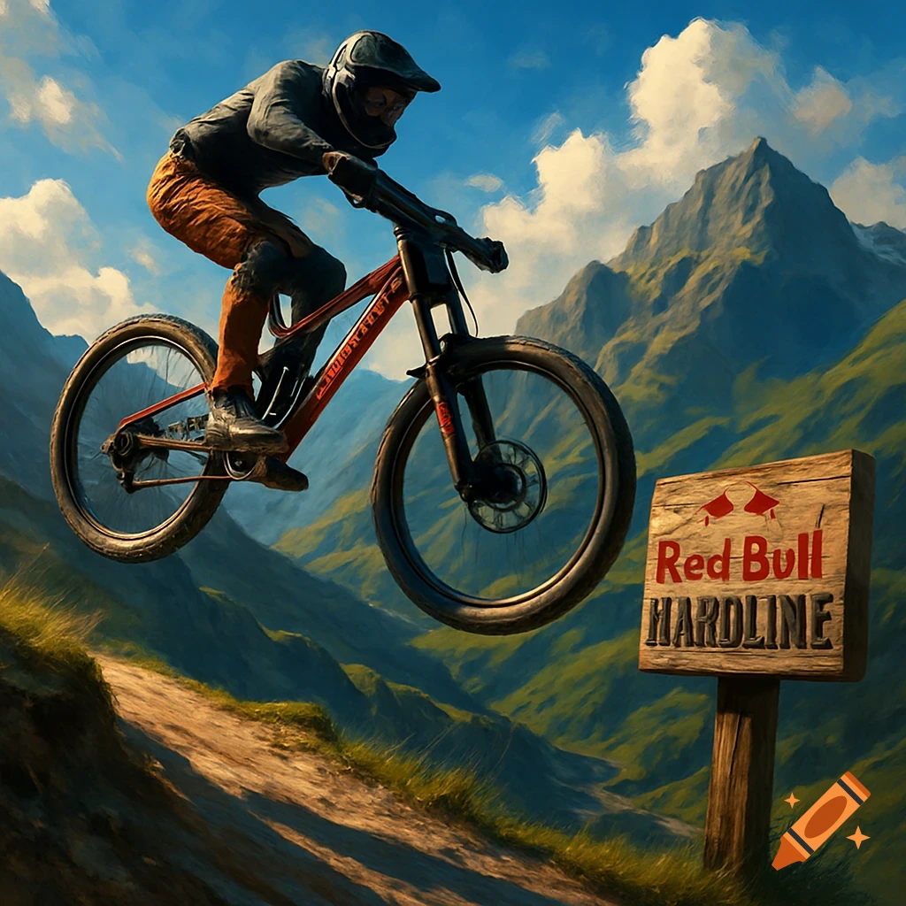 A mountain biker jumps over a dirt trail with mountains in the background and a "Red Bull Hardline" sign to the right.
