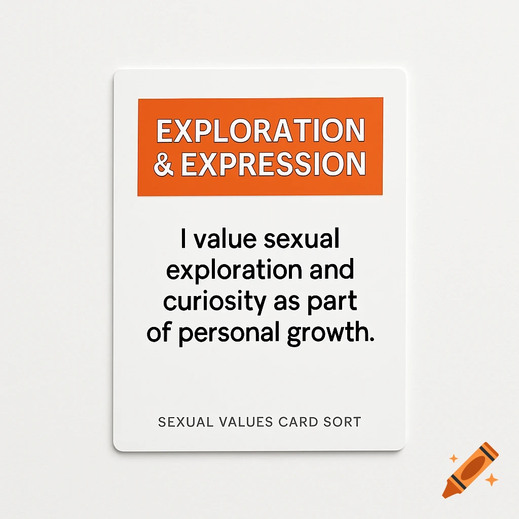A white therapeutic card with an orange header, text 'EXPLORATION & EXPRESSION', and a statement about sexual growth.