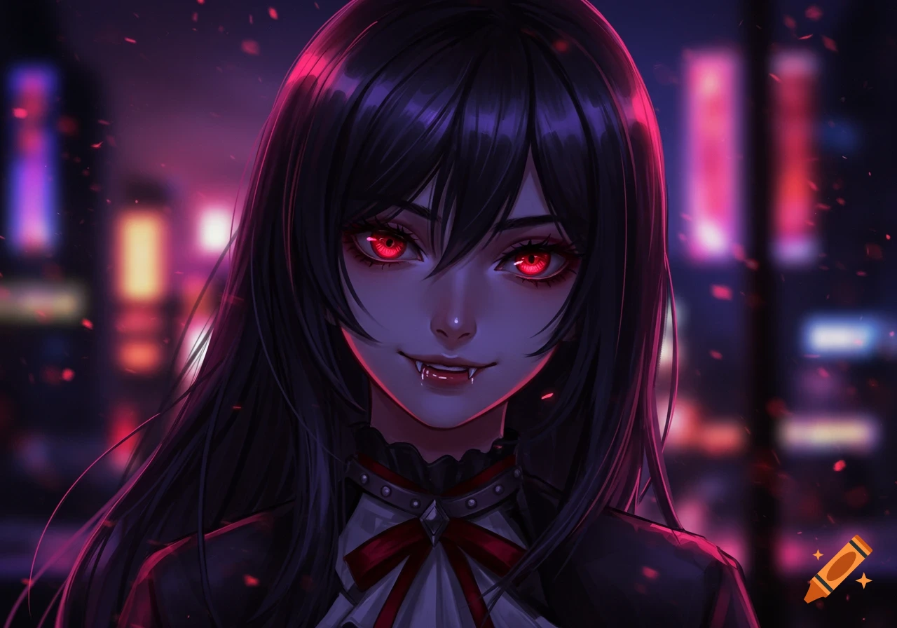 Close-up anime illustration of a pale vampire girl with black hair, glowing red eyes, and fangs, set against a blurred neon cityscape.
