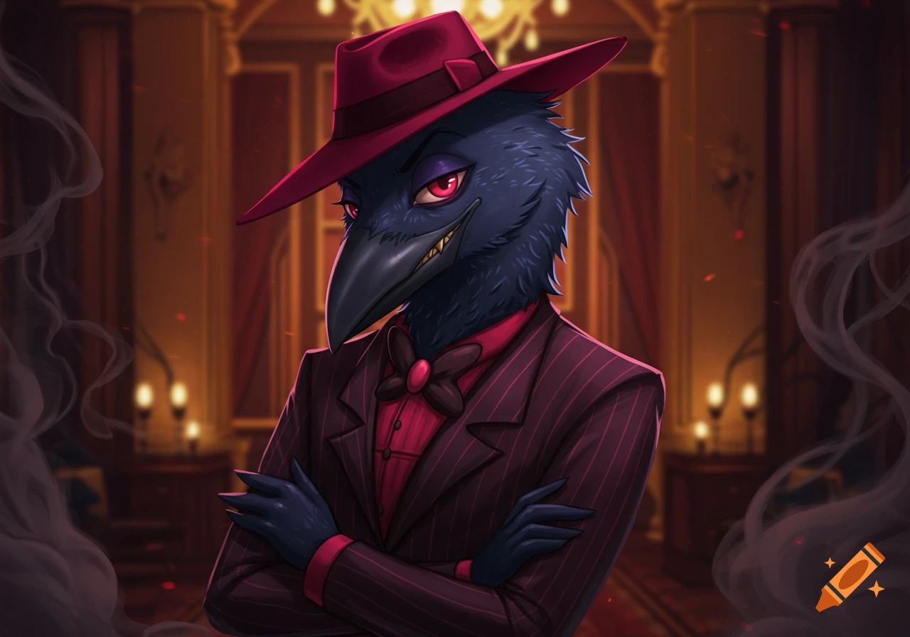 A stylized anthropomorphic crow in a red pinstripe suit, fedora, and red bow tie, with red eyes, stands with crossed arms in an ornate, smoky room.