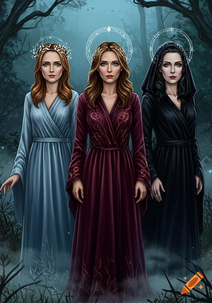 Three women styled as Maiden, Mother, and Crone in fantasy dresses and crowns, standing in a dark, misty forest with glowing halos.