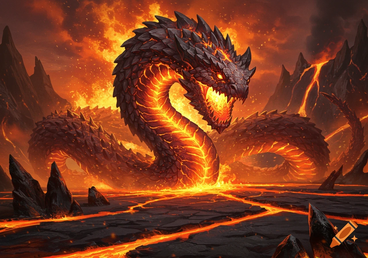 A roaring, colossal fiery lava serpent emerges from flowing lava in a dramatic volcanic landscape illustration.