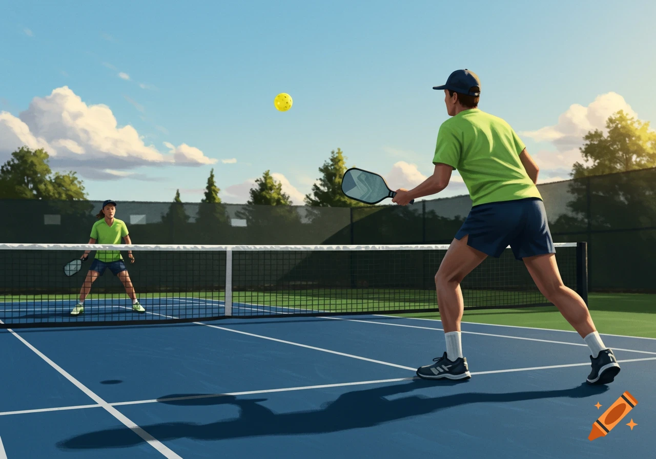 Two players on a blue pickleball court, one with a paddle raised, hitting a yellow ball over the net. Bright outdoor setting.