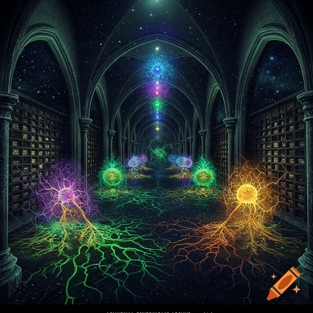 A dark gothic hall with glowing colorful neuron-like structures and roots on the floor, leading to a starry background.